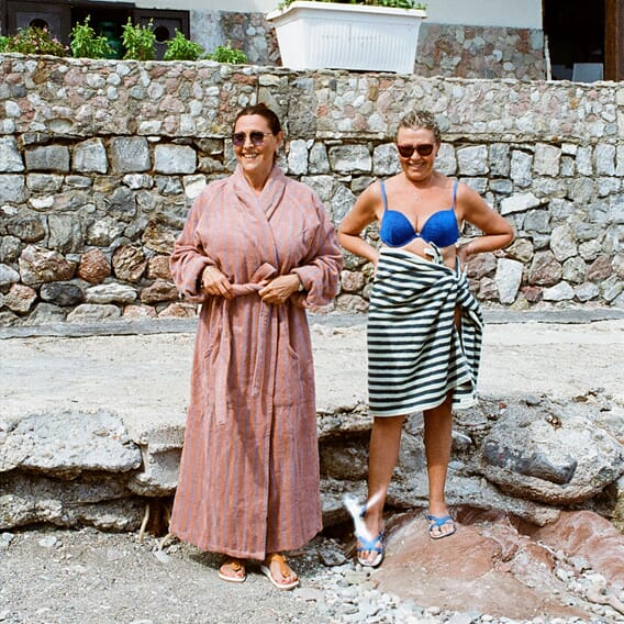 Naram Bathrobe, camel & ultramarine blue + Naram Bath Sheet, sea foam & deep teal_lifestyle.jpg